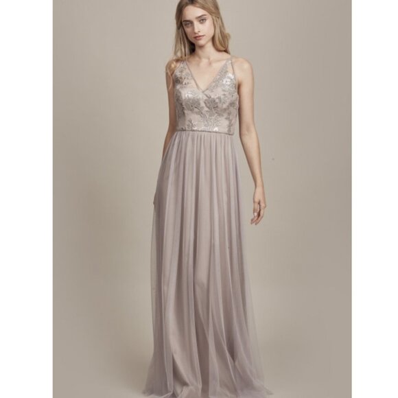 NEW Amsale Sora Gunmetal Lace Bodice Maxi A Line Bridesmaid Dress Z81 - Picture 7 of 10